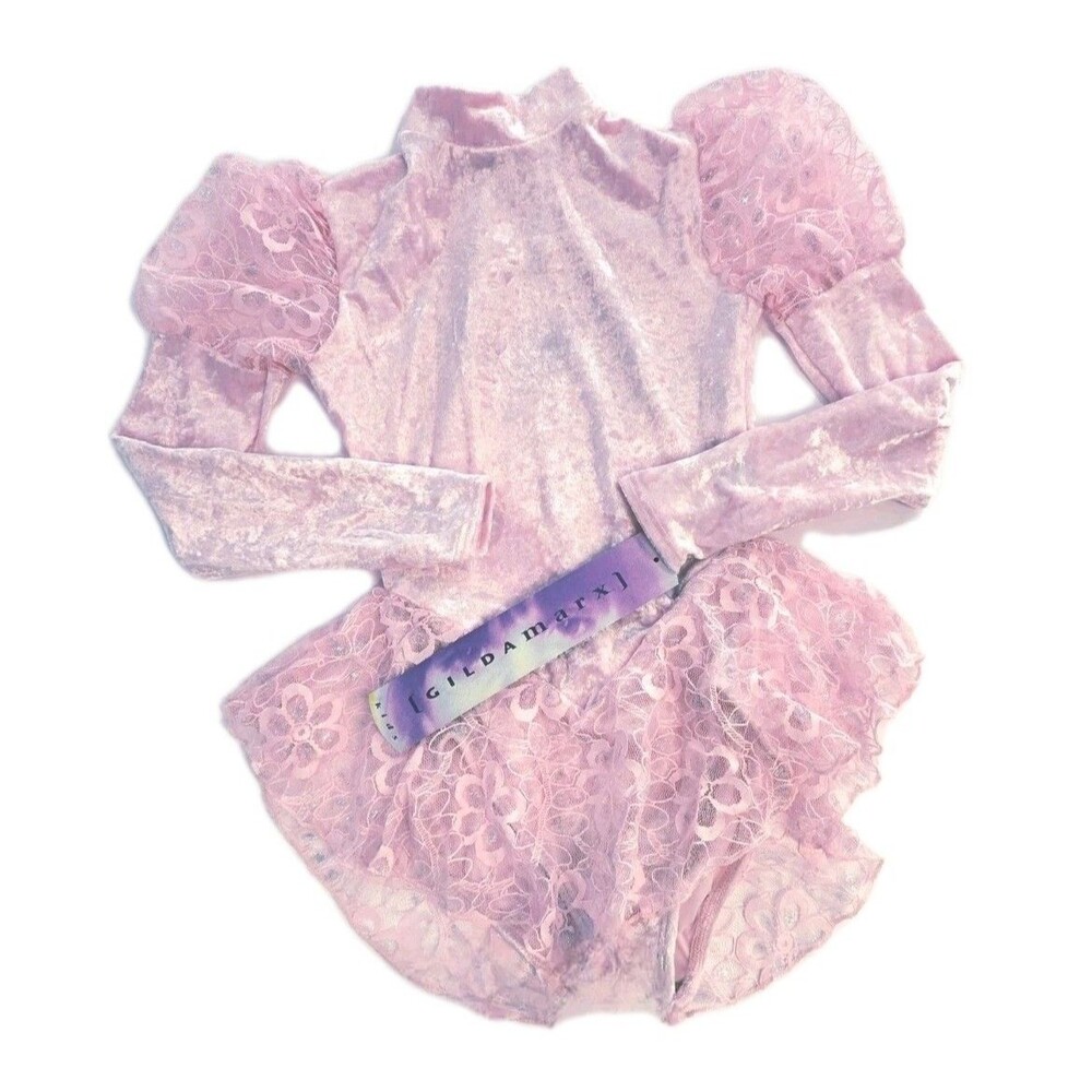 Gilda Marx VTG High Neck Velvet Lace Keyhole Pink Leotard Skate Dress Girls 8/10 - Picture 12 of 16
